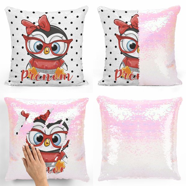 coussin pillow mermaid à sequin magique enfant reversible et personnalisable avec motif pingouin à lunettes de couleur blanc nacré