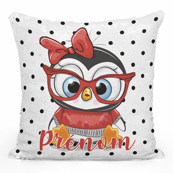 coussin pillow mermaid à sequin magique enfant reversible et personnalisable avec motif pingouin à lunettes