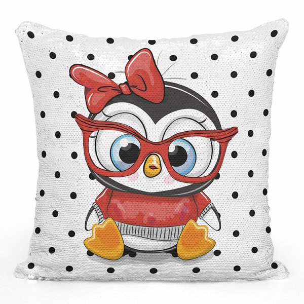 coussin pillow mermaid à sequin magique enfant reversible avec motif pingouin à lunettes