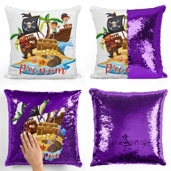 coussin pillow mermaid à sequin magique enfant reversible et personnalisable avec motif pirates de couleur violet