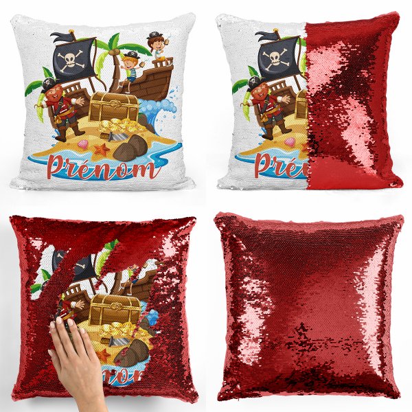 coussin pillow mermaid à sequin magique enfant reversible et personnalisable avec motif pirates de couleur rouge