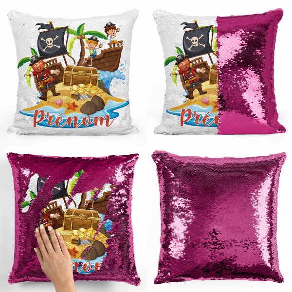 coussin pillow mermaid à sequin magique enfant reversible et personnalisable avec motif pirates de couleur fushia