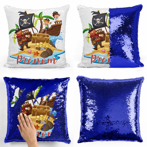 coussin pillow mermaid à sequin magique enfant reversible et personnalisable avec motif pirates de couleur bleu foncé