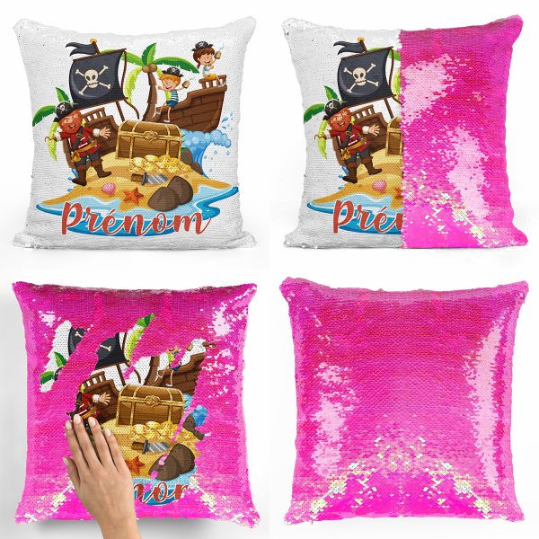 coussin pillow mermaid à sequin magique enfant reversible et personnalisable avec motif pirates de couleur rose nacré