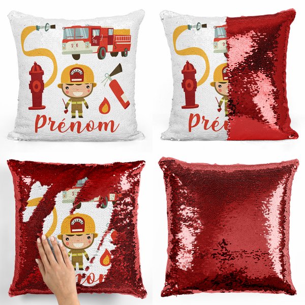 coussin pillow mermaid à sequin magique enfant reversible et personnalisable avec motif pompiers de couleur rouge