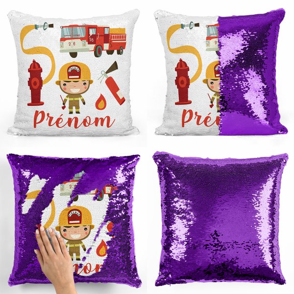 coussin pillow mermaid à sequin magique enfant reversible et personnalisable avec motif pompiers de couleur violet
