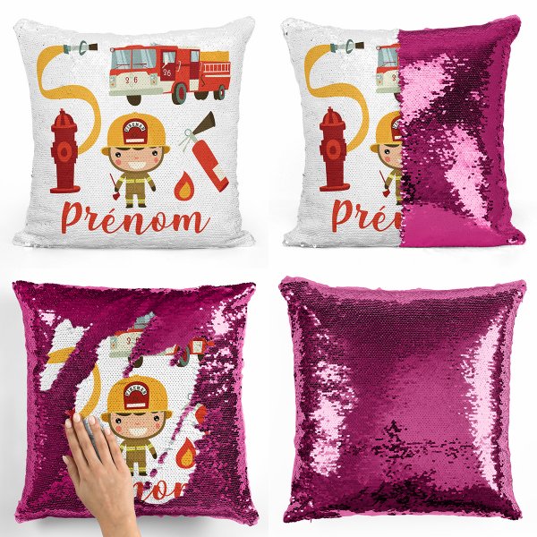 coussin pillow mermaid à sequin magique enfant reversible et personnalisable avec motif pompiers de couleur fushia