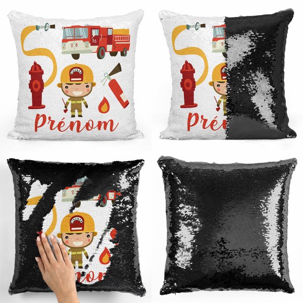 coussin pillow mermaid à sequin magique enfant reversible et personnalisable avec motif pompiers de couleur noir