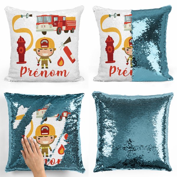 coussin pillow mermaid à sequin magique enfant reversible et personnalisable avec motif pompiers de couleur bleu clair