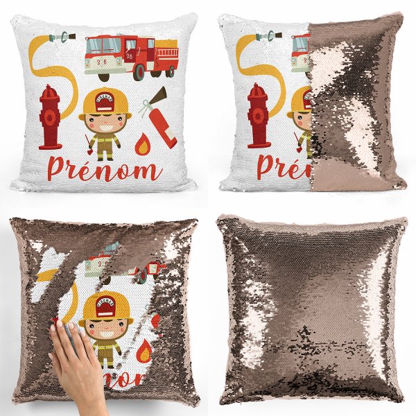 coussin pillow mermaid à sequin magique enfant reversible et personnalisable avec motif pompiers de couleur champagne