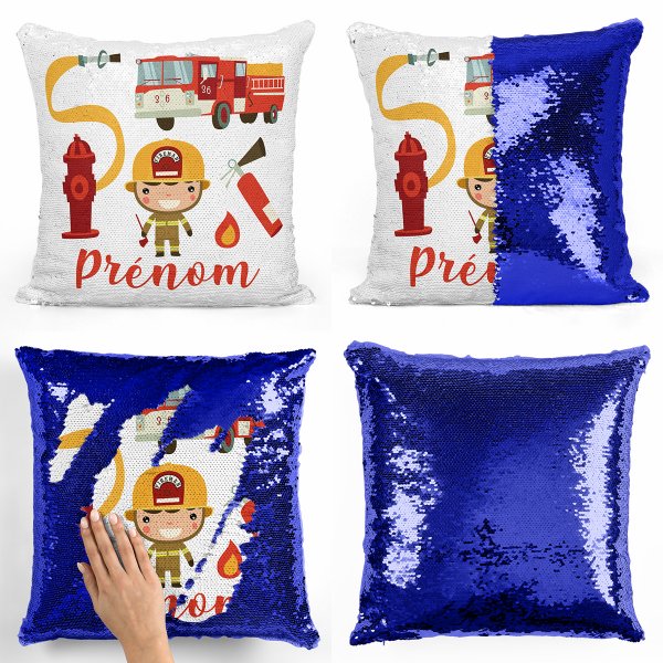 coussin pillow mermaid à sequin magique enfant reversible et personnalisable avec motif pompiers de couleur bleu foncé
