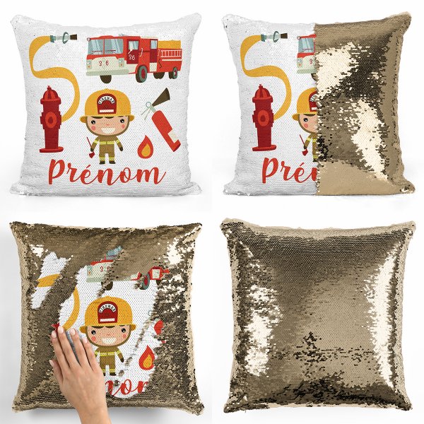 coussin pillow mermaid à sequin magique enfant reversible et personnalisable avec motif pompiers de couleur or doré