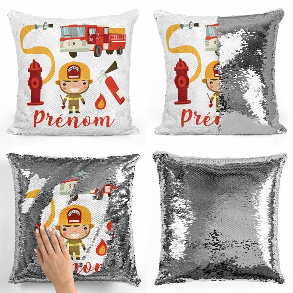 coussin pillow mermaid à sequin magique enfant reversible et personnalisable avec motif pompiers de couleur argent