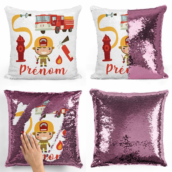 coussin pillow mermaid à sequin magique enfant reversible et personnalisable avec motif pompiers de couleur rose clair