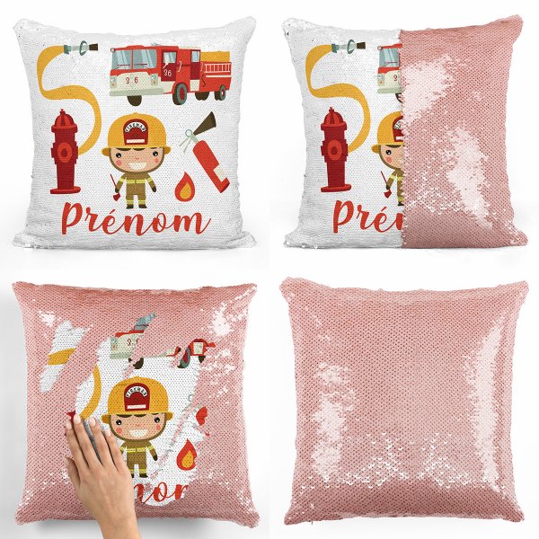 coussin pillow mermaid à sequin magique enfant reversible et personnalisable avec motif pompiers de couleur saumon