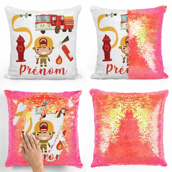 coussin pillow mermaid à sequin magique enfant reversible et personnalisable avec motif pompiers de couleur orange nacré