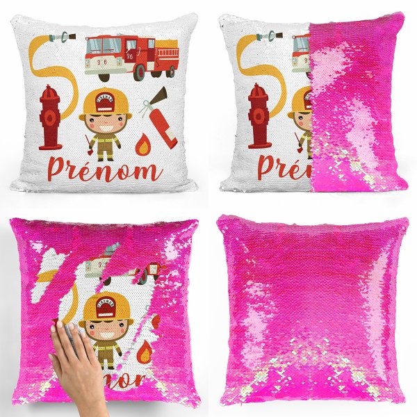 coussin pillow mermaid à sequin magique enfant reversible et personnalisable avec motif pompiers de couleur rose nacré