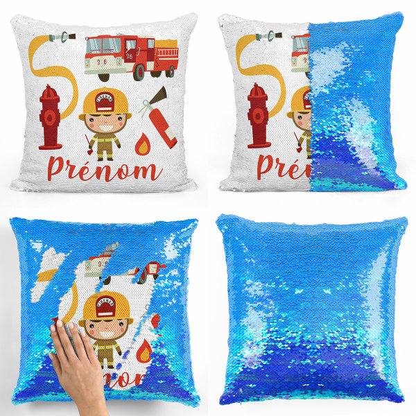 coussin pillow mermaid à sequin magique enfant reversible et personnalisable avec motif pompiers de couleur bleu nacré