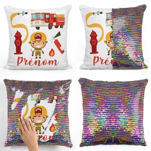 coussin pillow mermaid à sequin magique enfant reversible et personnalisable avec motif pompiers de couleur multicolore