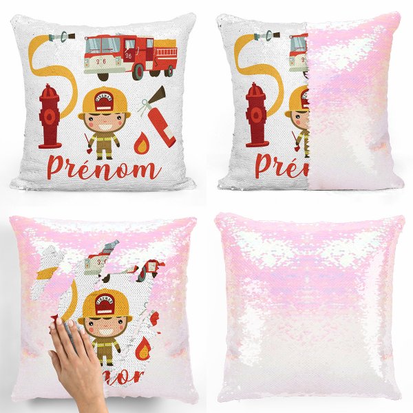 coussin pillow mermaid à sequin magique enfant reversible et personnalisable avec motif pompiers de couleur blanc nacré