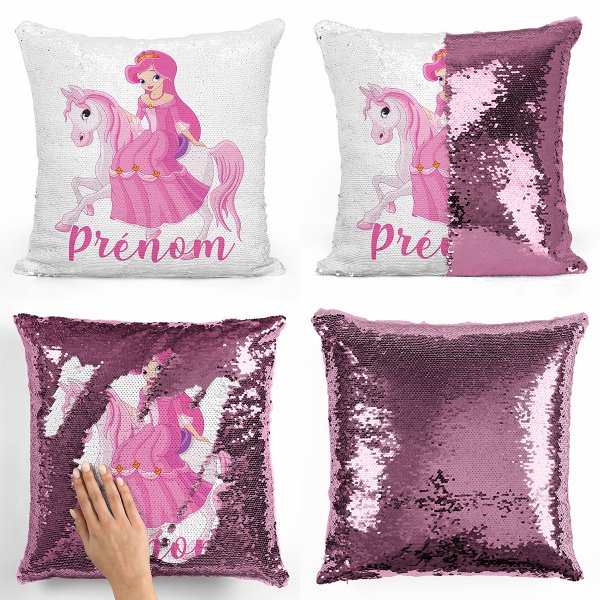 coussin pillow mermaid à sequin magique enfant reversible et personnalisable avec motif princesse à cheval de couleur rose clair