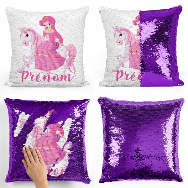 coussin pillow mermaid à sequin magique enfant reversible et personnalisable avec motif princesse à cheval de couleur violet