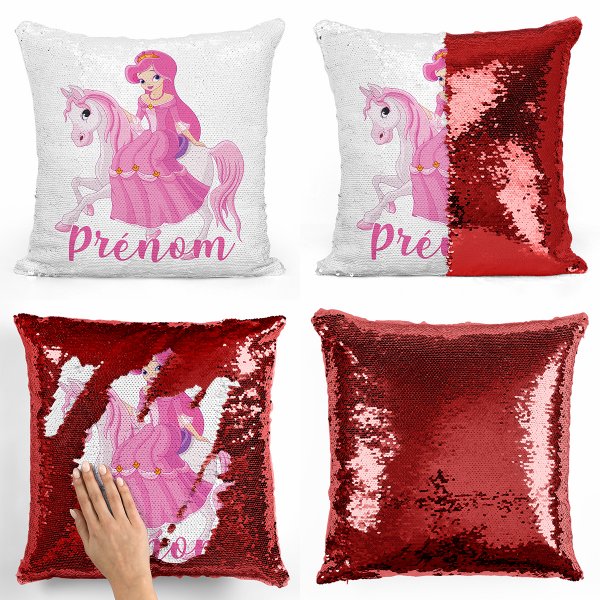 coussin pillow mermaid à sequin magique enfant reversible et personnalisable avec motif princesse à cheval de couleur rouge