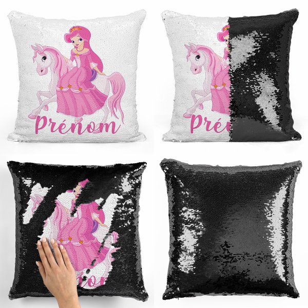 coussin pillow mermaid à sequin magique enfant reversible et personnalisable avec motif princesse à cheval de couleur noir