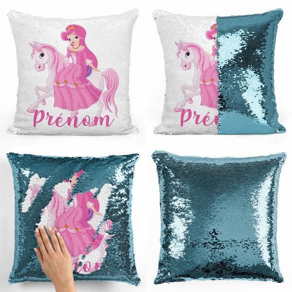 coussin pillow mermaid à sequin magique enfant reversible et personnalisable avec motif princesse à cheval de couleur bleu clair