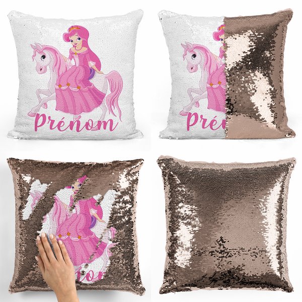 coussin pillow mermaid à sequin magique enfant reversible et personnalisable avec motif princesse à cheval de couleur champagne