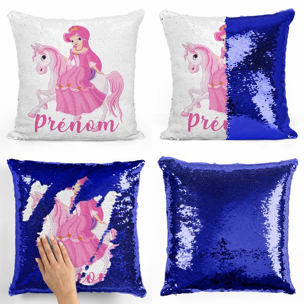 coussin pillow mermaid à sequin magique enfant reversible et personnalisable avec motif princesse à cheval de couleur bleu foncé