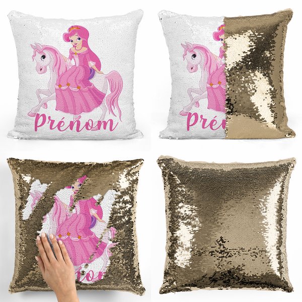 coussin pillow mermaid à sequin magique enfant reversible et personnalisable avec motif princesse à cheval de couleur or doré