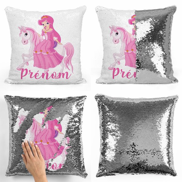 coussin pillow mermaid à sequin magique enfant reversible et personnalisable avec motif princesse à cheval de couleur argent