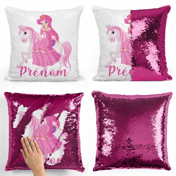 coussin pillow mermaid à sequin magique enfant reversible et personnalisable avec motif princesse à cheval de couleur fushia