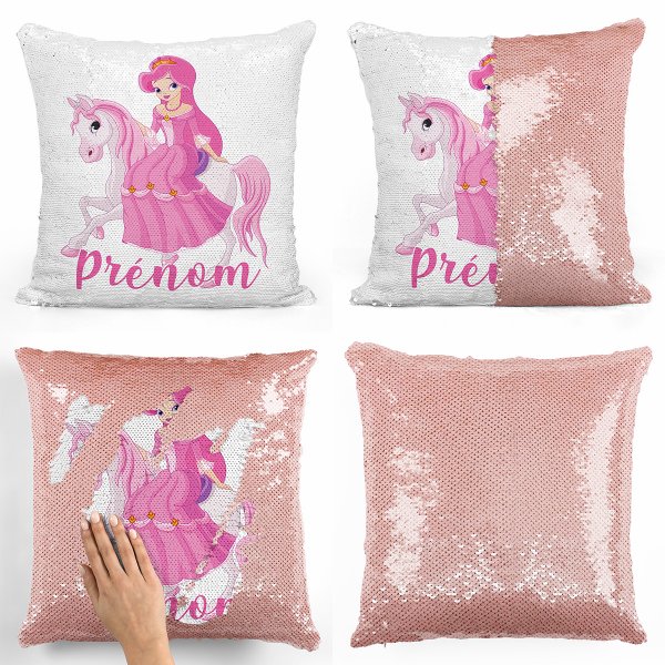 coussin pillow mermaid à sequin magique enfant reversible et personnalisable avec motif princesse à cheval de couleur saumon