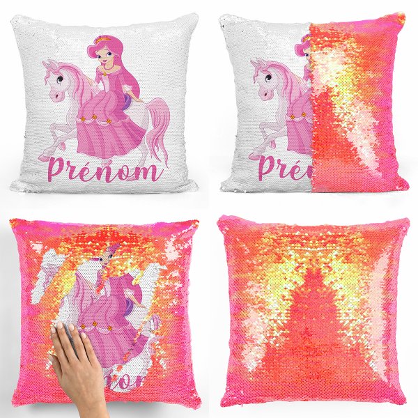 coussin pillow mermaid à sequin magique enfant reversible et personnalisable avec motif princesse à cheval de couleur orange nacré