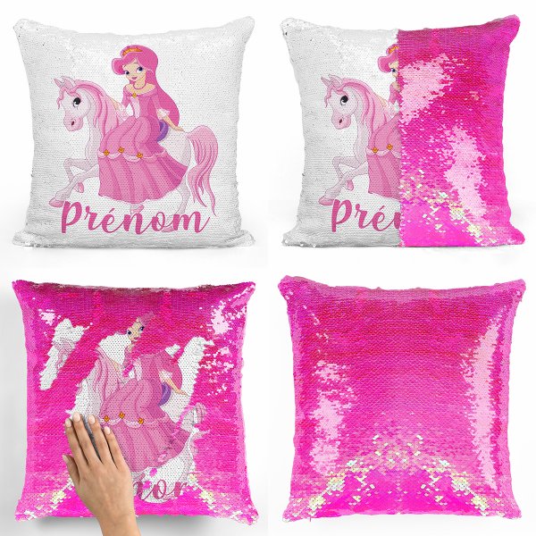 coussin pillow mermaid à sequin magique enfant reversible et personnalisable avec motif princesse à cheval de couleur rose nacré