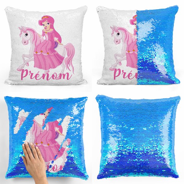 coussin pillow mermaid à sequin magique enfant reversible et personnalisable avec motif princesse à cheval de couleur bleu nacré