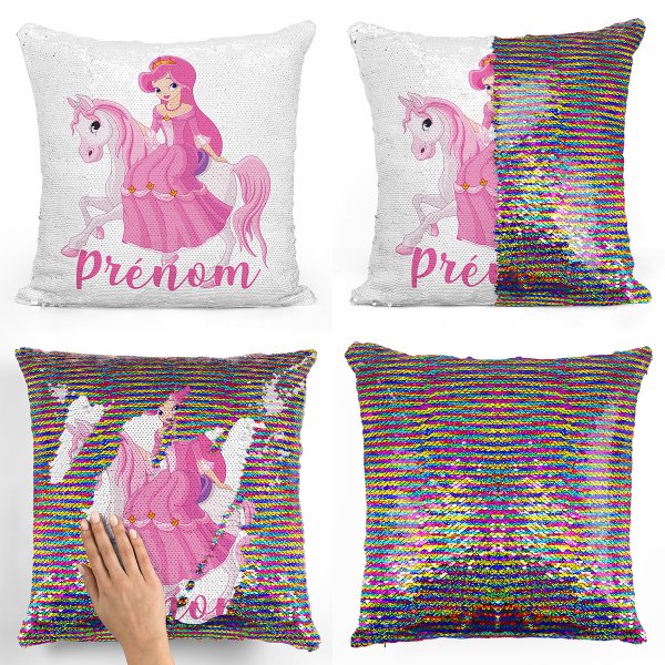 coussin pillow mermaid à sequin magique enfant reversible et personnalisable avec motif princesse à cheval de couleur multicolore