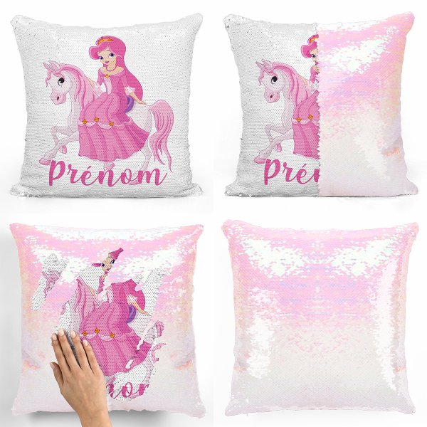 coussin pillow mermaid à sequin magique enfant reversible et personnalisable avec motif princesse à cheval de couleur blanc nacré