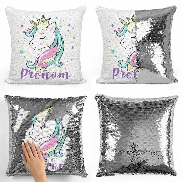coussin pillow mermaid à sequin magique enfant reversible et personnalisable avec motif princesse licorne de couleur argent