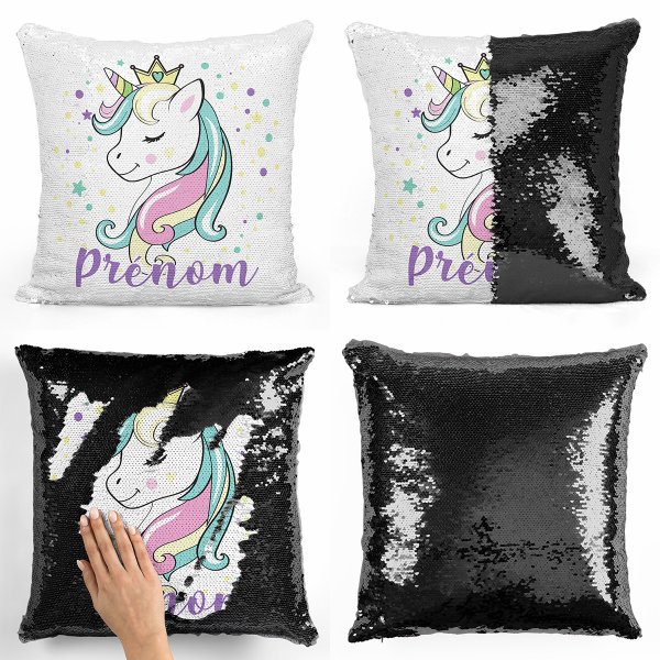 coussin pillow mermaid à sequin magique enfant reversible et personnalisable avec motif princesse licorne de couleur noir
