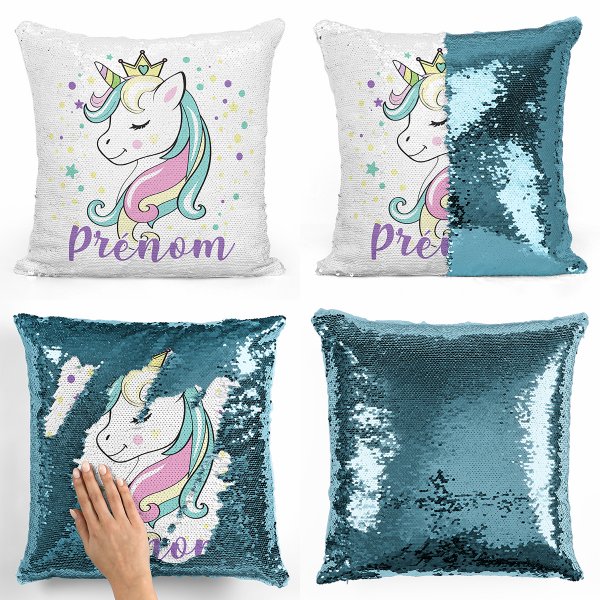 coussin pillow mermaid à sequin magique enfant reversible et personnalisable avec motif princesse licorne de couleur bleu clair