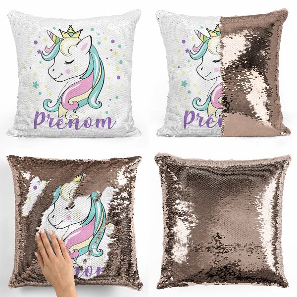 coussin pillow mermaid à sequin magique enfant reversible et personnalisable avec motif princesse licorne de couleur champagne