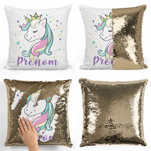 coussin pillow mermaid à sequin magique enfant reversible et personnalisable avec motif princesse licorne de couleur or doré