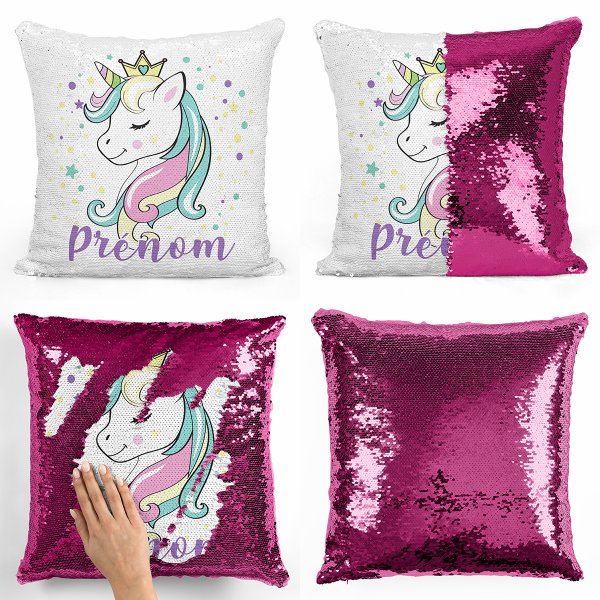 coussin pillow mermaid à sequin magique enfant reversible et personnalisable avec motif princesse licorne de couleur fushia