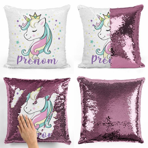 coussin pillow mermaid à sequin magique enfant reversible et personnalisable avec motif princesse licorne de couleur rose clair