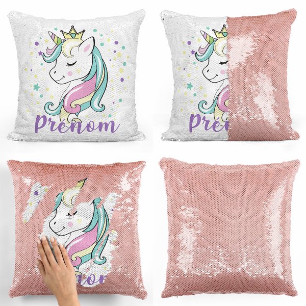 coussin pillow mermaid à sequin magique enfant reversible et personnalisable avec motif princesse licorne de couleur saumon
