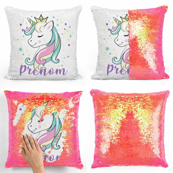 coussin pillow mermaid à sequin magique enfant reversible et personnalisable avec motif princesse licorne de couleur orange nacré