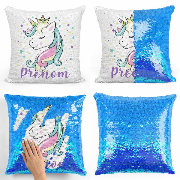 coussin pillow mermaid à sequin magique enfant reversible et personnalisable avec motif princesse licorne de couleur bleu nacré
